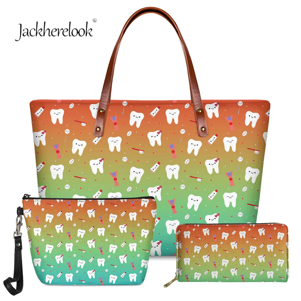

Jackherelook Luxury Women Trendy Bags Gradient Cute Dental Teeth Pattern 3Pcs Handbag Sets Large Capacity Daily Tote Bolsas