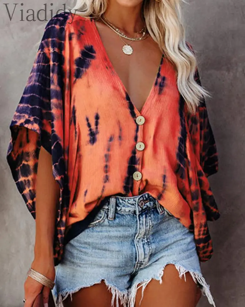 

Women Casual Tie Dye Print Short Sleeve Blouse Female Loose Top