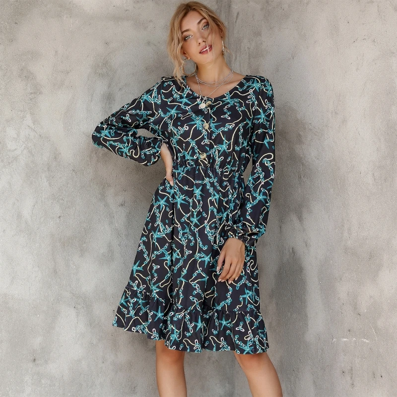 

Women Long Sleeves Sexy V Neck Buttons Dress Fashion Printed Autumn Summer Female Loose Knee Length Midi Dress