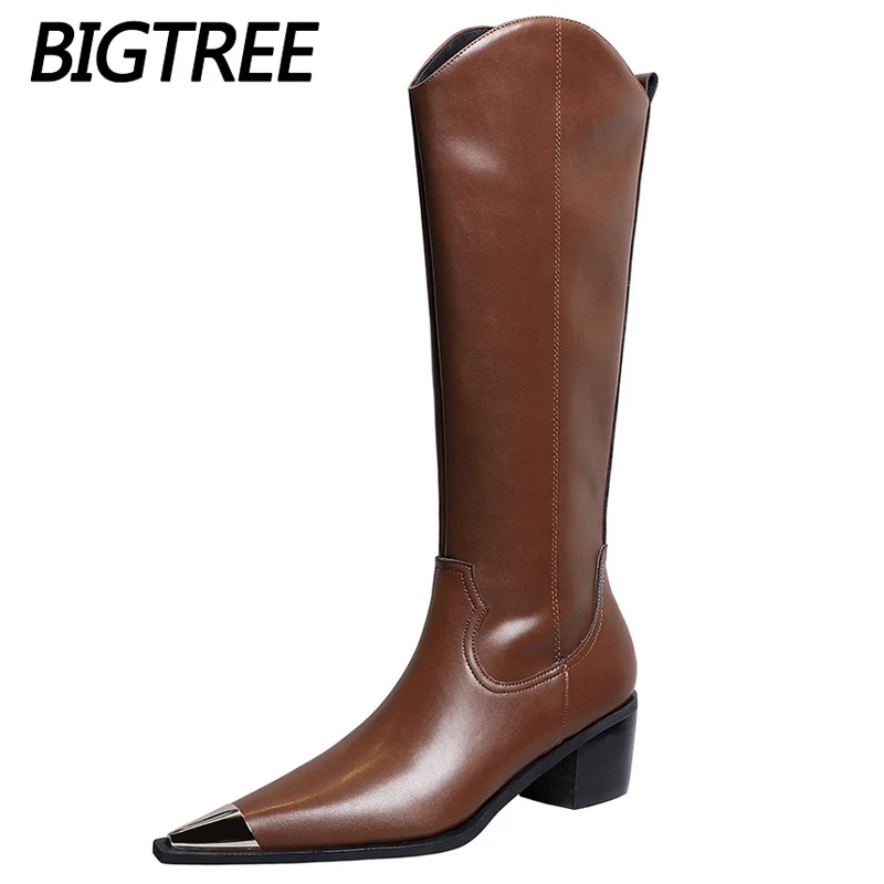 

Женские сапоги до колена с металлическим острым носком, зимние высокие сапоги, обувь из искусственной кожи, женская обувь на толстом каблук...