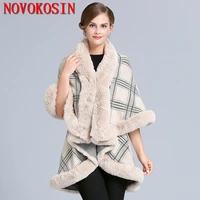 7 colors winter warm khaki long 2 layers shawl poncho faux cashmere cape plaid women imitation fox fur loose streetwear coat