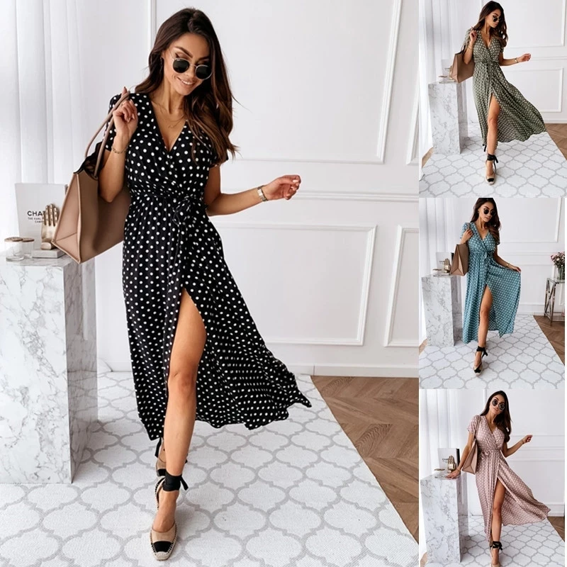 

Women Dresses Summer Fashion Polka Dot Split Boho Dress Women Casual Beach Chic 2021 Long Dresses Vestido De Mujer Dropshipping