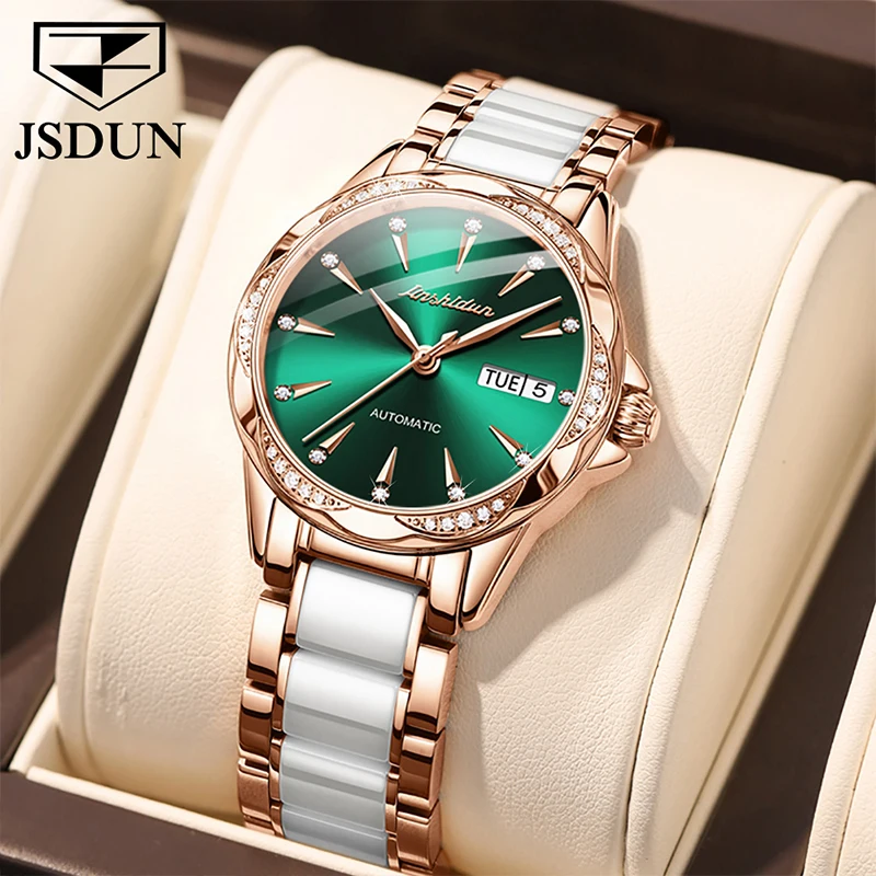 

JSDUN Fashion Luxury Women's Rose Gold Stainless Steel Ceramics Strap Women Mechanical Watch Brand Watches Automatic Watch 8821