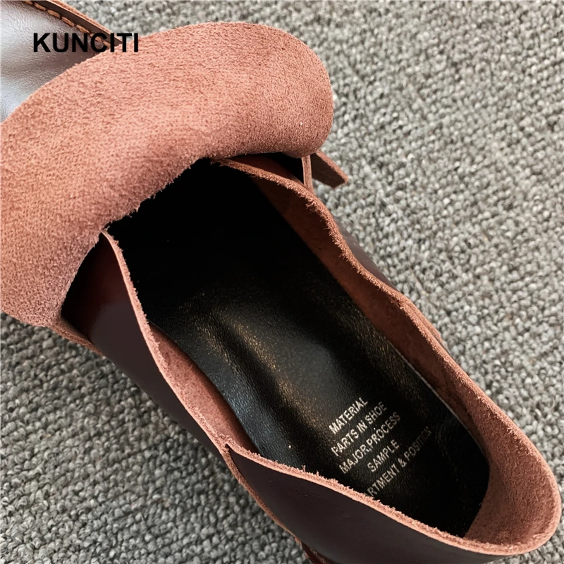 Г., дышащая обувь KUNCITI женская обувь из мягкой натуральной кожи на плоской подошве с пряжкой женские лоферы с шипами в европейском стиле высокого качества, F035