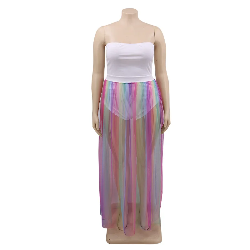 Adogirl Plus Size XL-5XL Women Two Piece Set Dress Strapless Bodysuit Sheer Mesh Rainbow Stripe Maxi Skirt Party Suit |