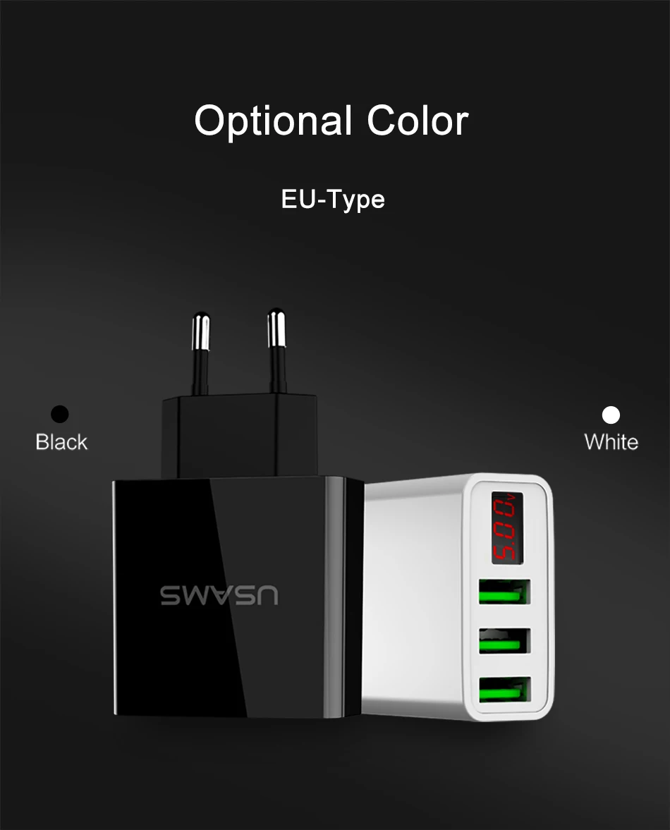 USAMS, 3 порта, USB зарядное устройство для телефона, светодиодный дисплей, штепсельная вилка европейского стандарта, всего макс., 3 А, умное быстрое зарядное устройство, мобильное настенное зарядное устройство для iPhone, iPad, samsung