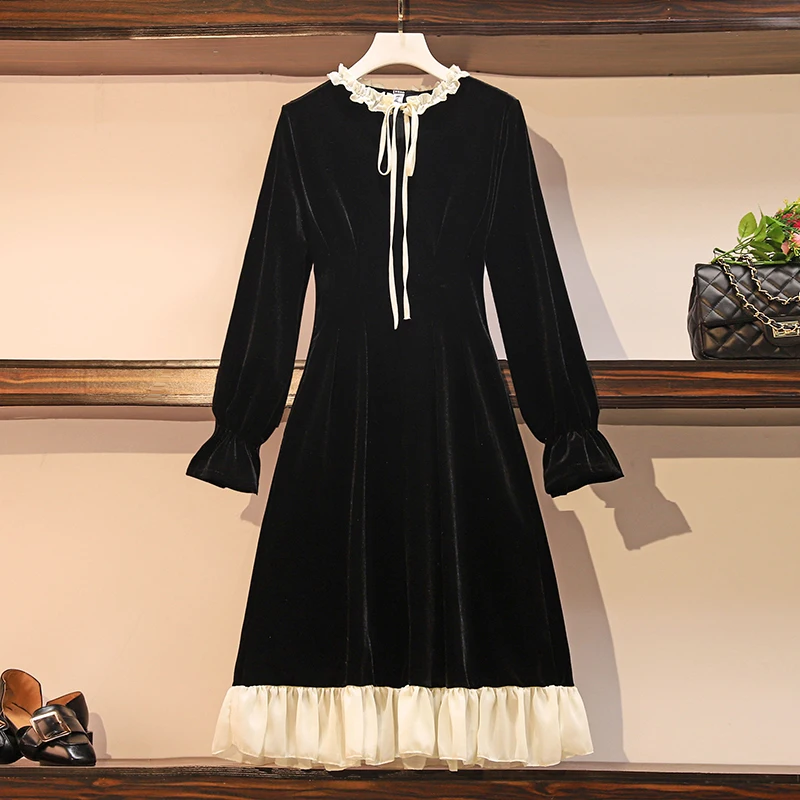 Женское бархатное офисное платье большого размера черное праздничное с длинным