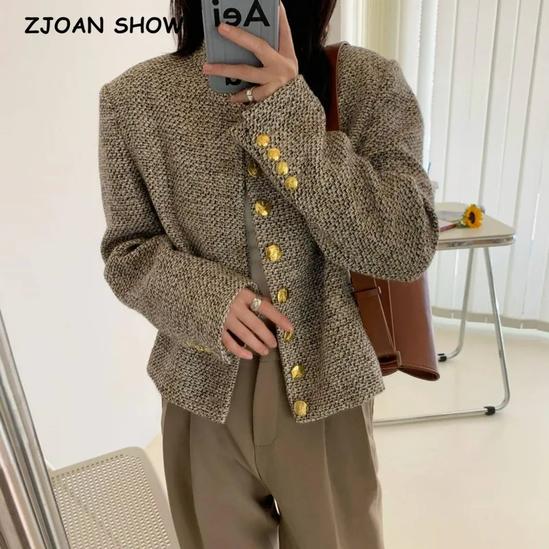 

2021 Autumn Mix Color Stand collar Tweed Blazer Vintage Women Center Front Buttons Short Suit Sweet Ladies Coat Outwear