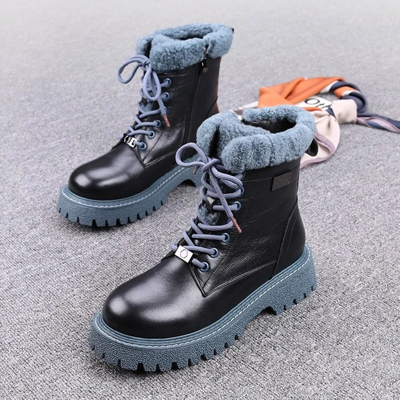 

Теплые ботинки для женщин, зимние ботинки из натуральной кожи, обувь в британском стиле, женская обувь до щиколотки, плюшевые женские ботинк...