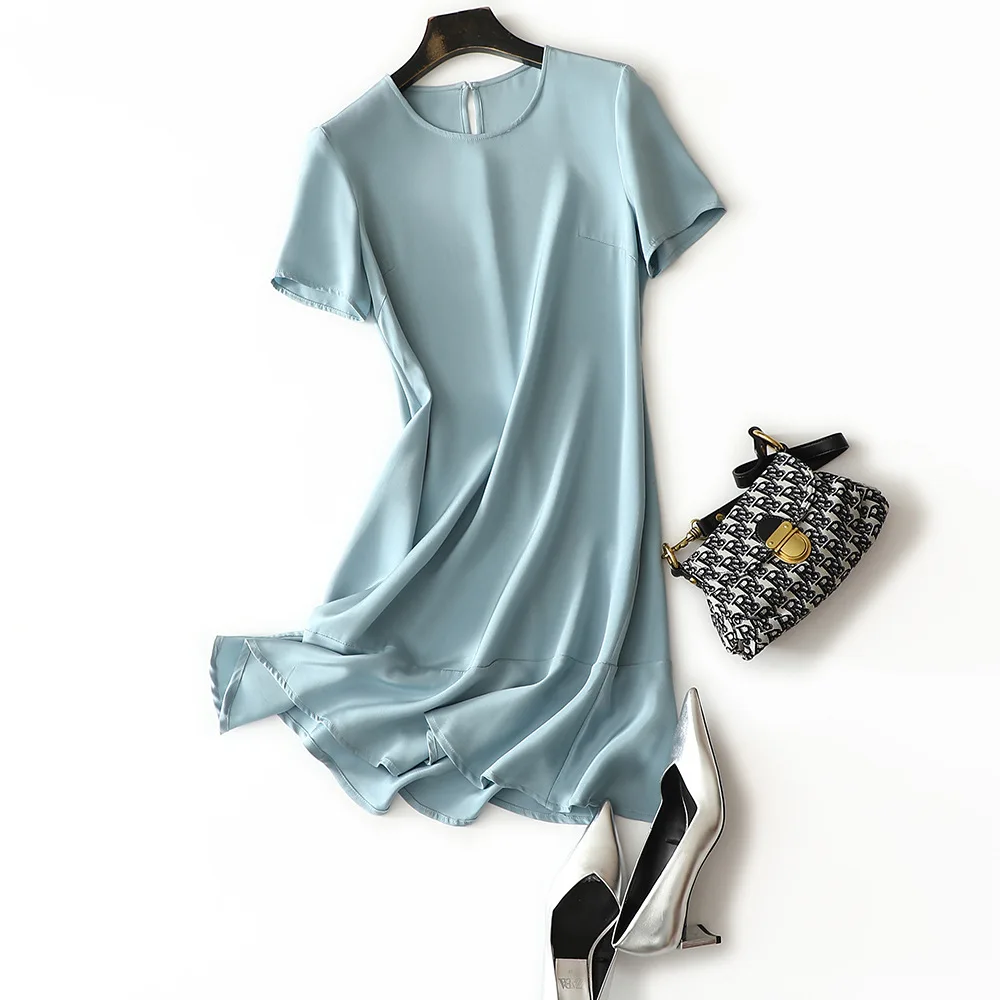 

23mm 100% Silk Mermaid Dress Short Sleeve women france model chic summer solid trendy clothing 2021