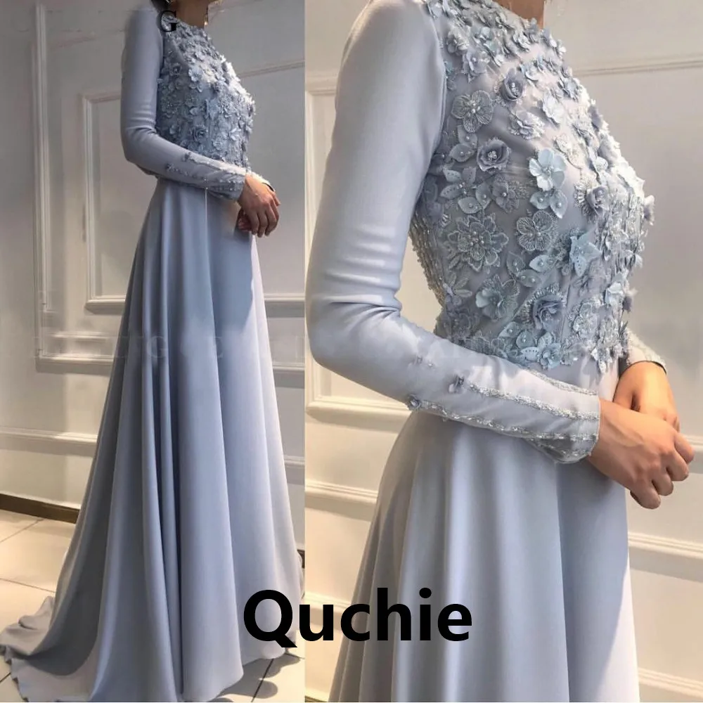 

Silver Muslim Evening Dresses Long Sleeves Satin Flower Special Occasion robe soiree Islamic Dubai Kaftan Saudi Arabic Prom Gown