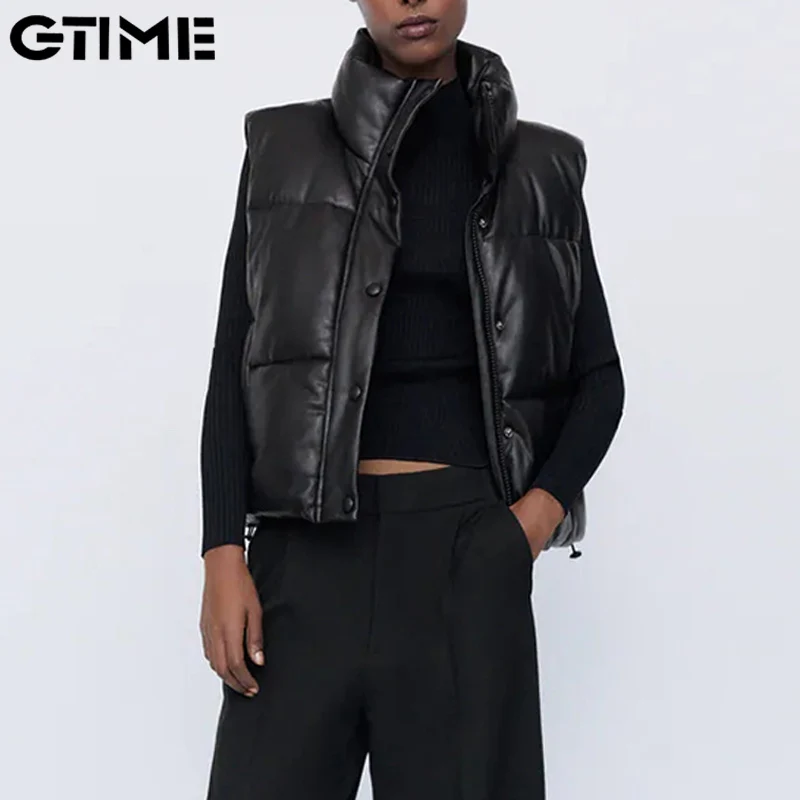 

Black Stand Collar Vests Fashion Zipper PU Leather Coats Women Elegant Autumn Winter Short Vests Female Ladies #ZYNWY-383