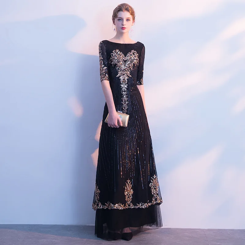 

Exquisite Super Bling Lady Evening Party Gown Qipao Elegant Half Sleeve Robe De Soiree Full Length Vestidos De Festa Mesh Dress