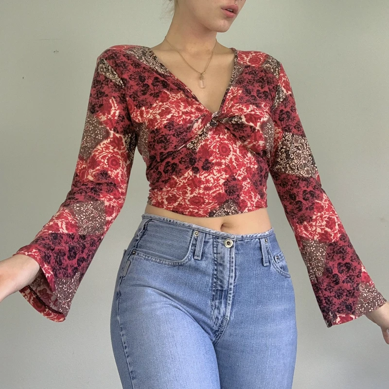

Women Vintage Floral Print T-shirt Autumn V Neck Long Flare Sleeve Crop Top Y2K Fairy Grunge Sweats Tees Harajuku Clothes