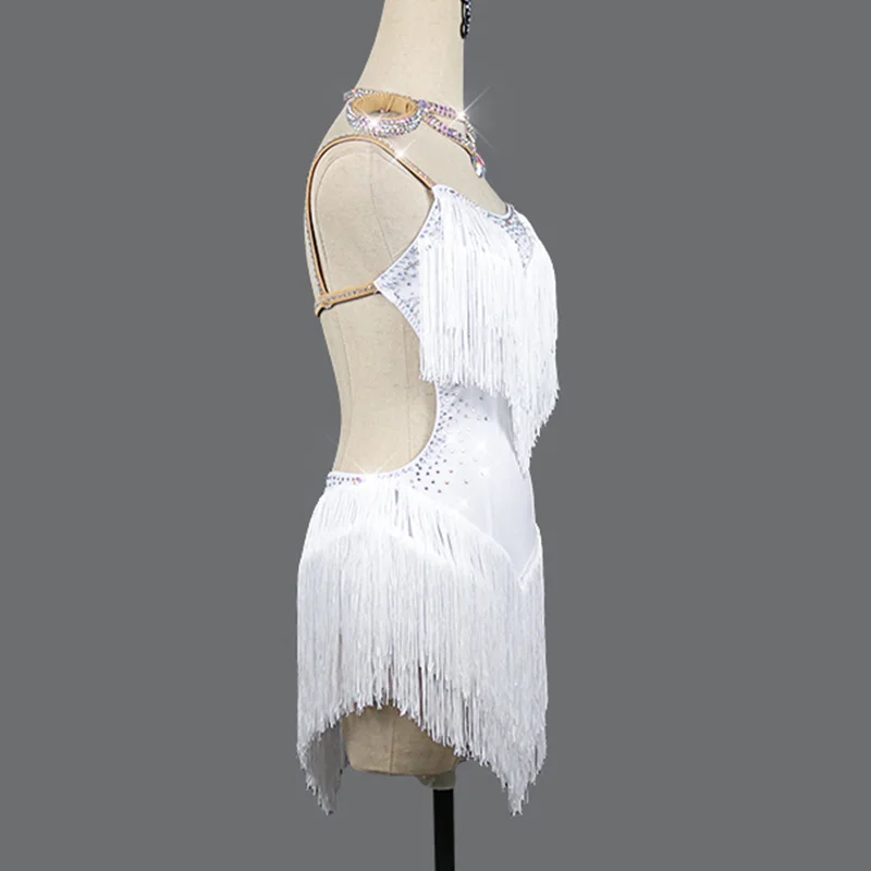 Платье для латиноамериканских танцев блестящее белое платье с бахромой