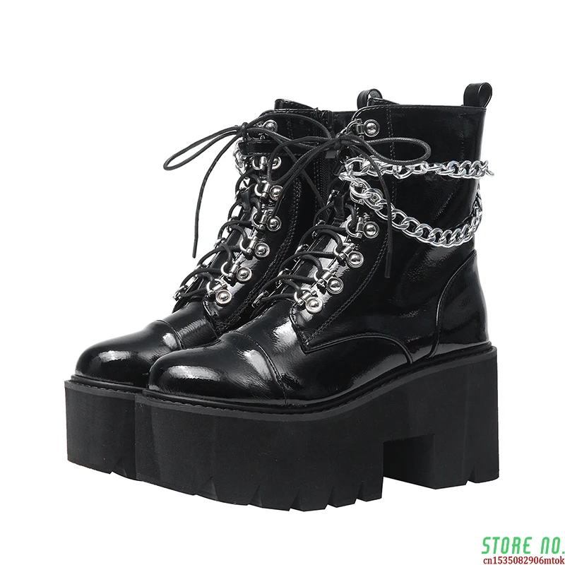 

Patent Leather Gothic Black Boots Women Heel Sexy Chain Chunky Heel Platform Boots Female Punk Style Ankle Boots Zipper