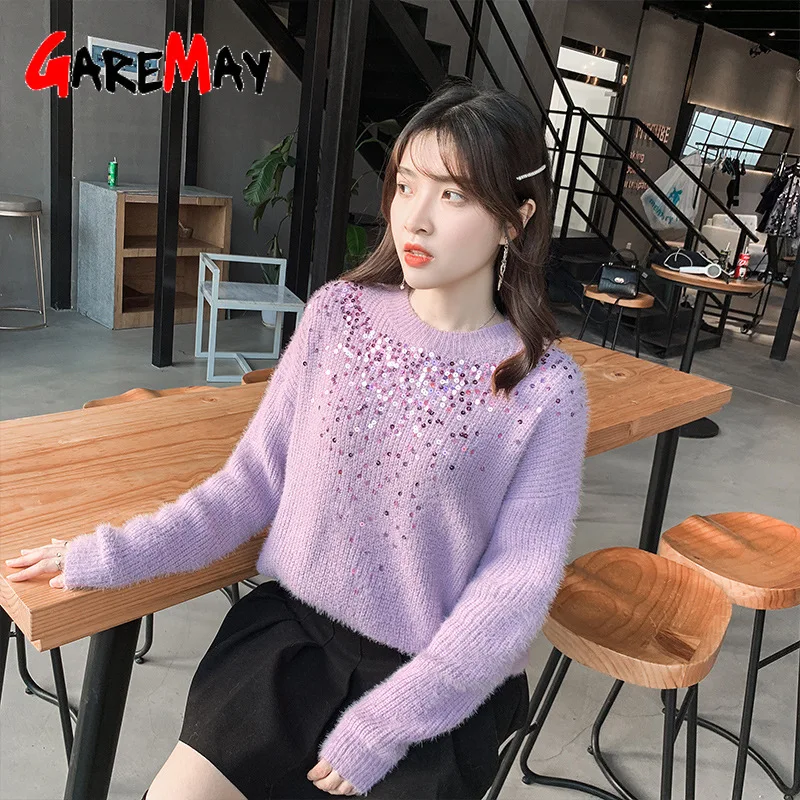Зимний женский свитер с блестками вязаный пуловер свободный толстый теплый