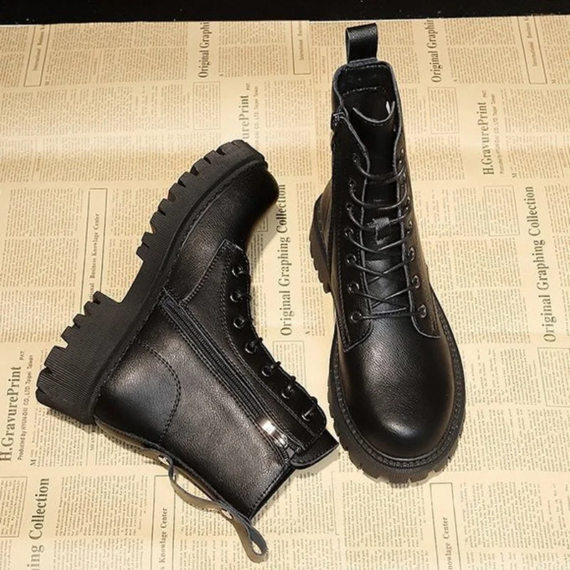 Женские ботильоны на платформе черные боевые ботинки шнуровке с пряжкой и