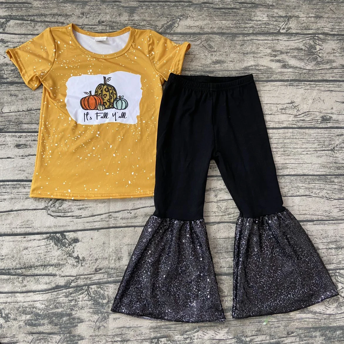 

It's full y'all short sleeve pumpkin patch yellow shirt sequin bell bottom pants