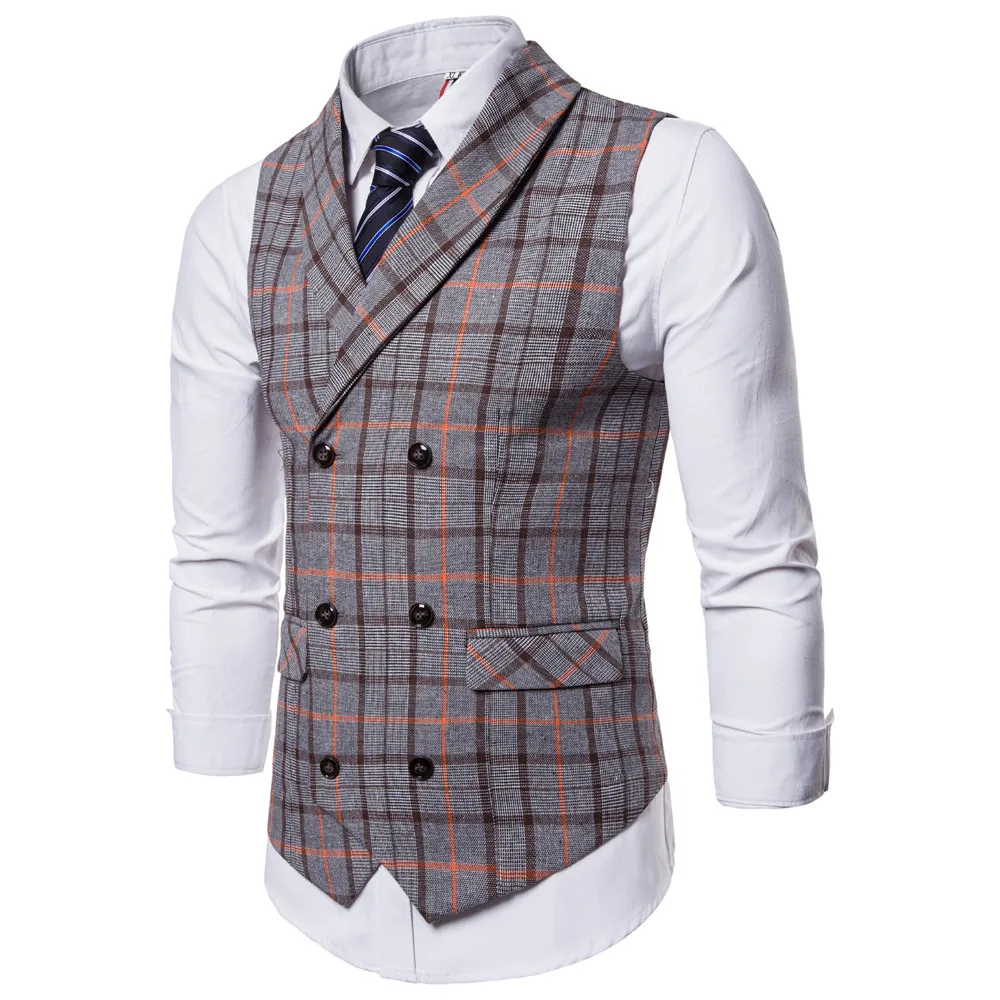 

Plaid Men Suit Vest Fashion high quality formal waistcoat men double breasted gilet homme costume business sleeveless jacket