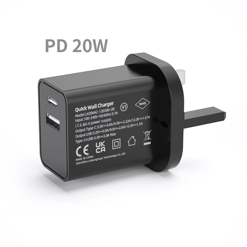 

mini 20w type c pd 18w qc 3.0 dual usb wall charger with UK plug & UKCA CE approved for iphone11 iphone 12 phone charger