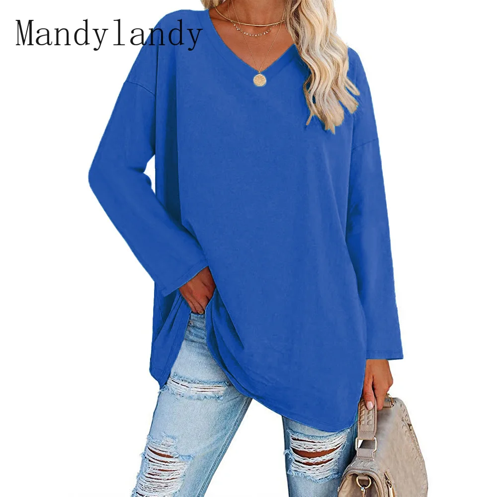 

Mandylandy T-shirt Autumn Fashion Long Sleeve V-neck T-shirt Women's Casual Solid Color Loose Pullover T-shirt Tops