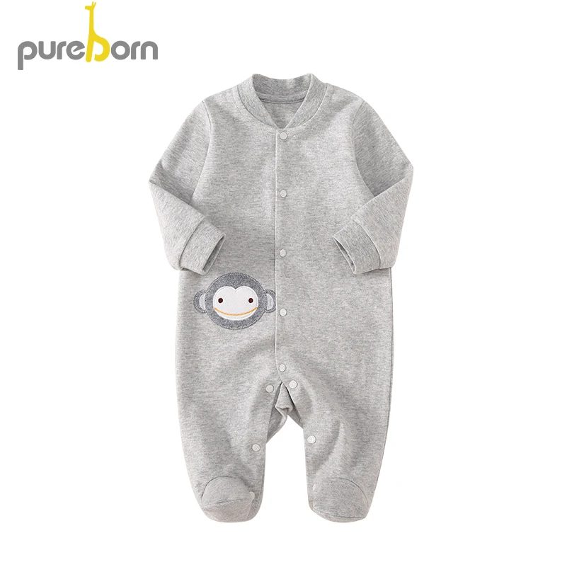 Pureborn/ хлопковые Ползунки для новорожденных мальчиков и девочек; весенние комбинезоны; Верхняя одежда; одежда для сна с рисунками животных из мультфильмов