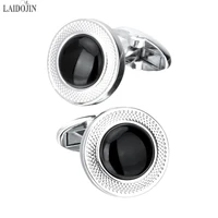 laidojin luxury black stone cufflinks for mens high quality silver color round carving pattern cuff link gift brand men jewelry