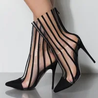 Fashion Clear PVC Black Stripes Ankle Booties Suede Pointy Toe Stiletto Heel Transparent Short Boots Zipper Women Dress Shoes