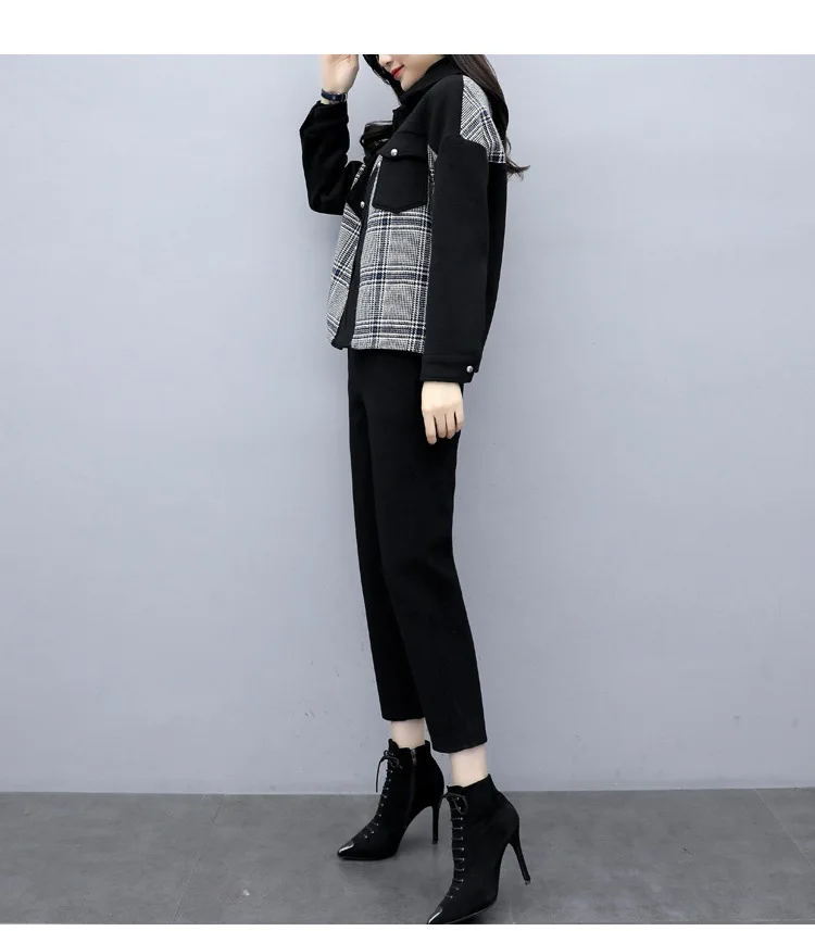 Женское шерстяное пальто из двух предметов клетчатая куртка с отстрочкой