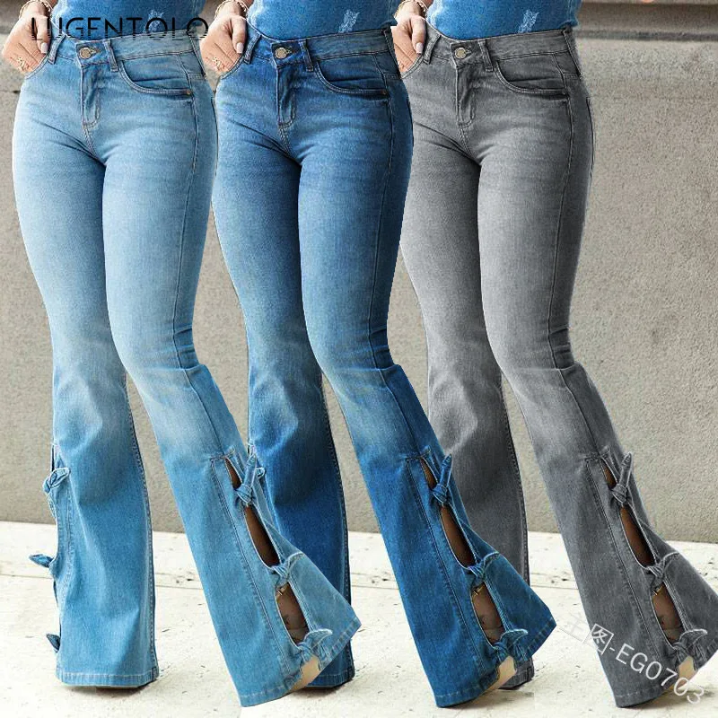 

Lugentolo Flare Jeans Summer Solid Trumpet Stylish Side Knot Button Light Full Length Mid Streetwear Fashion Wide Leg Pants