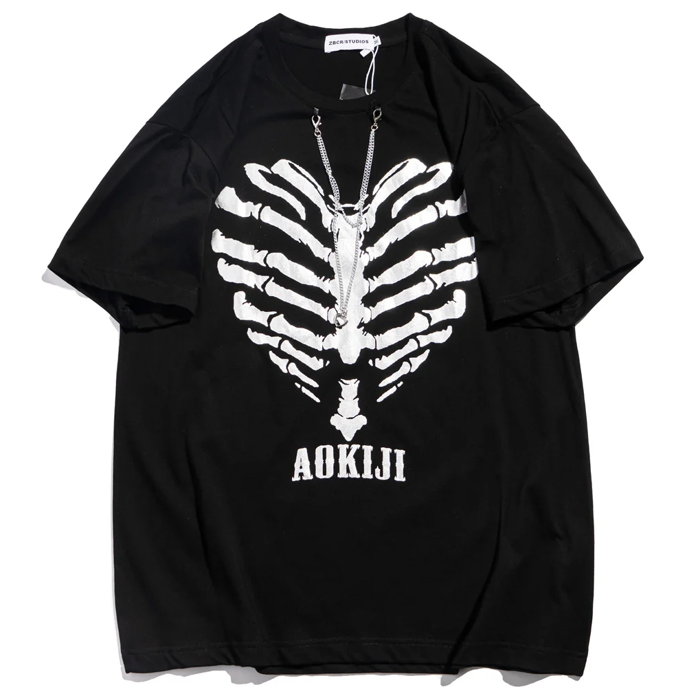 

2021 Men Harajuku T Shirt Hip Hop Oversize Reflection Skeleton Print Streetwear T-Shirt Summer Short Sleeve Cotton Casual Tops