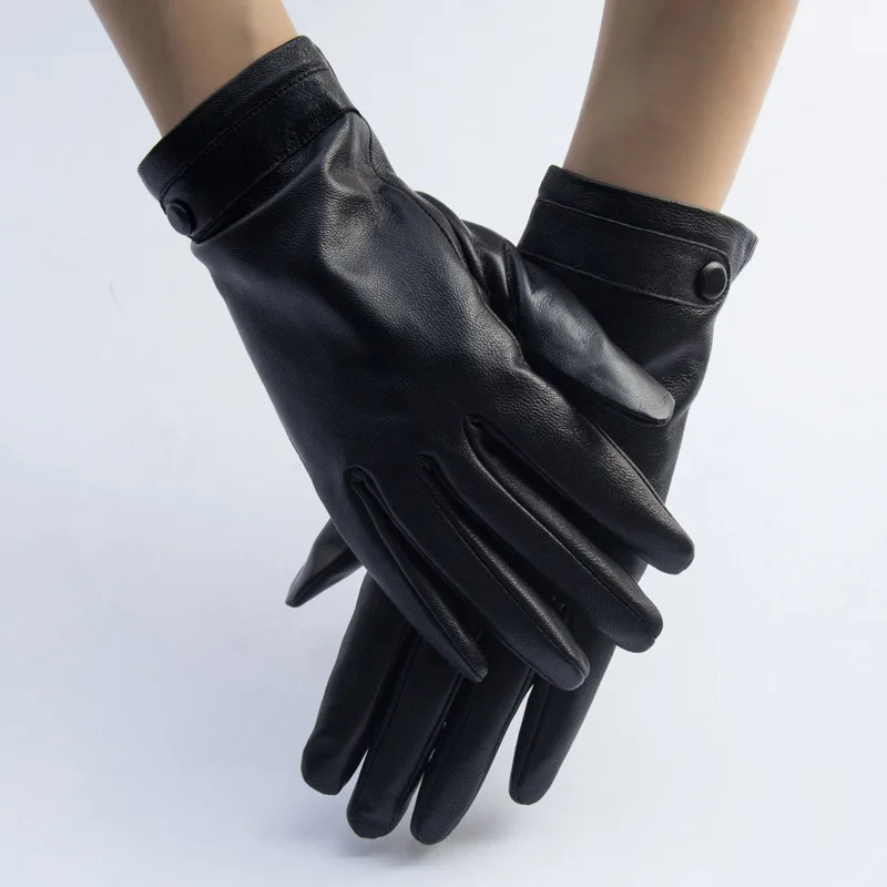 

Brand genuine sheepskin leather gloves. Women autumn winter coral velvet warm gloves, buttons decorated with gloves for cycling