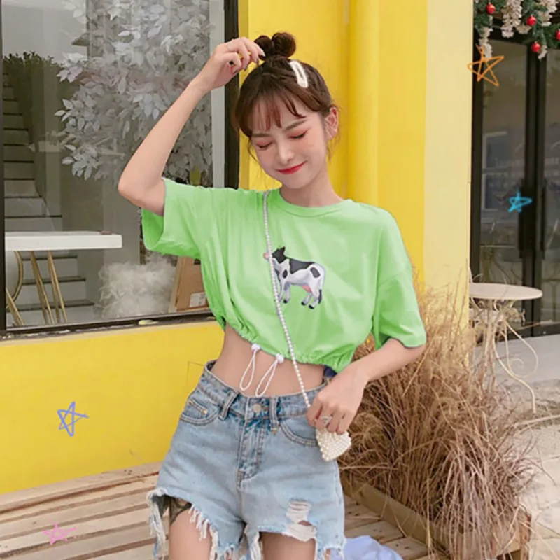 2019 Summer Women's Casual Elegant Fashion Style Round Neck Cartoon Cow Print Short Sleeve Drawstring Pullover Crop Top T-Shirt | Женская