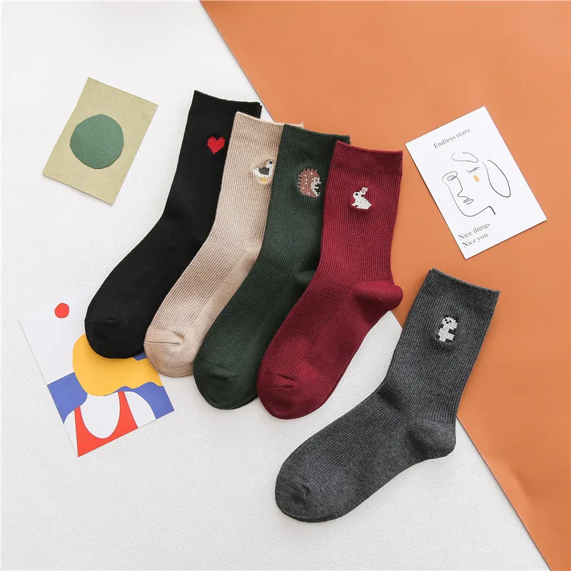 Осенне-зимние женские носки из чесаного хлопка с вышивкой милого мультяшного