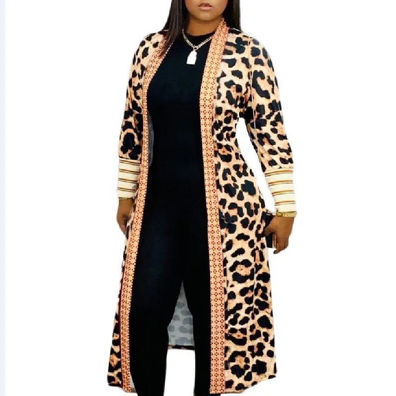 Европейский классический Леопардовый принт модный открытый стежок Длинный плащ