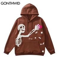 gonthwid hip hop streetwear hoodie sweatshirt skeleton patch fleece hooded 2021 mens harajuku winter cotton pullover brown