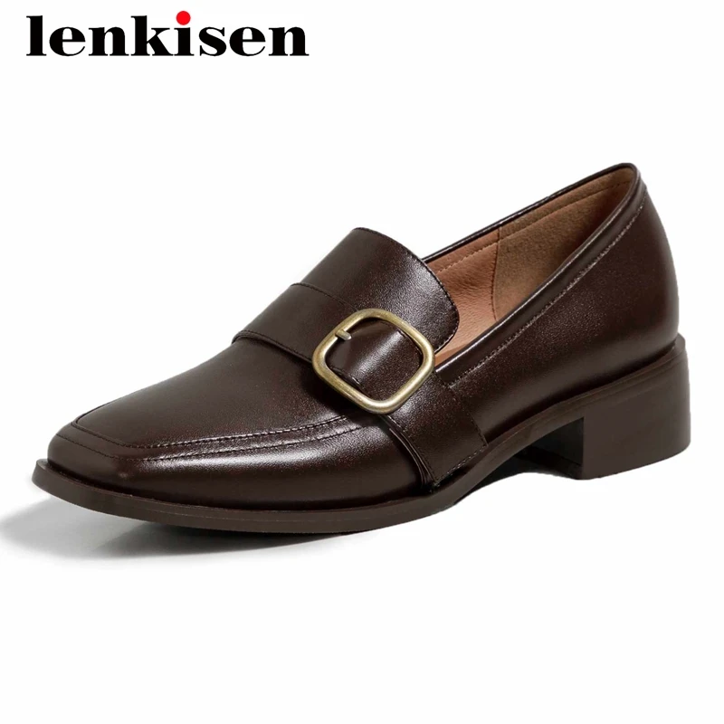 

Lenkisen newest style genuine leather buckle decorations concise square toe thick med heel slip on daily wear women pumps L3f3