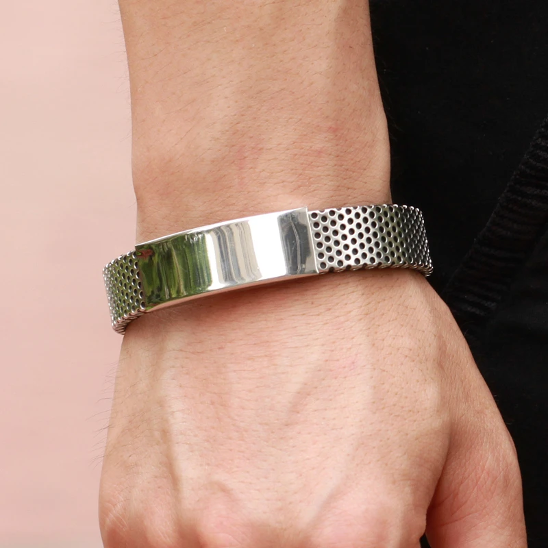 

19Cm Europe And America Bracelets For Man Pu Leather Black Stainless Steel Fashion Simple Honeycomb Gift Boyfriend Jewelry