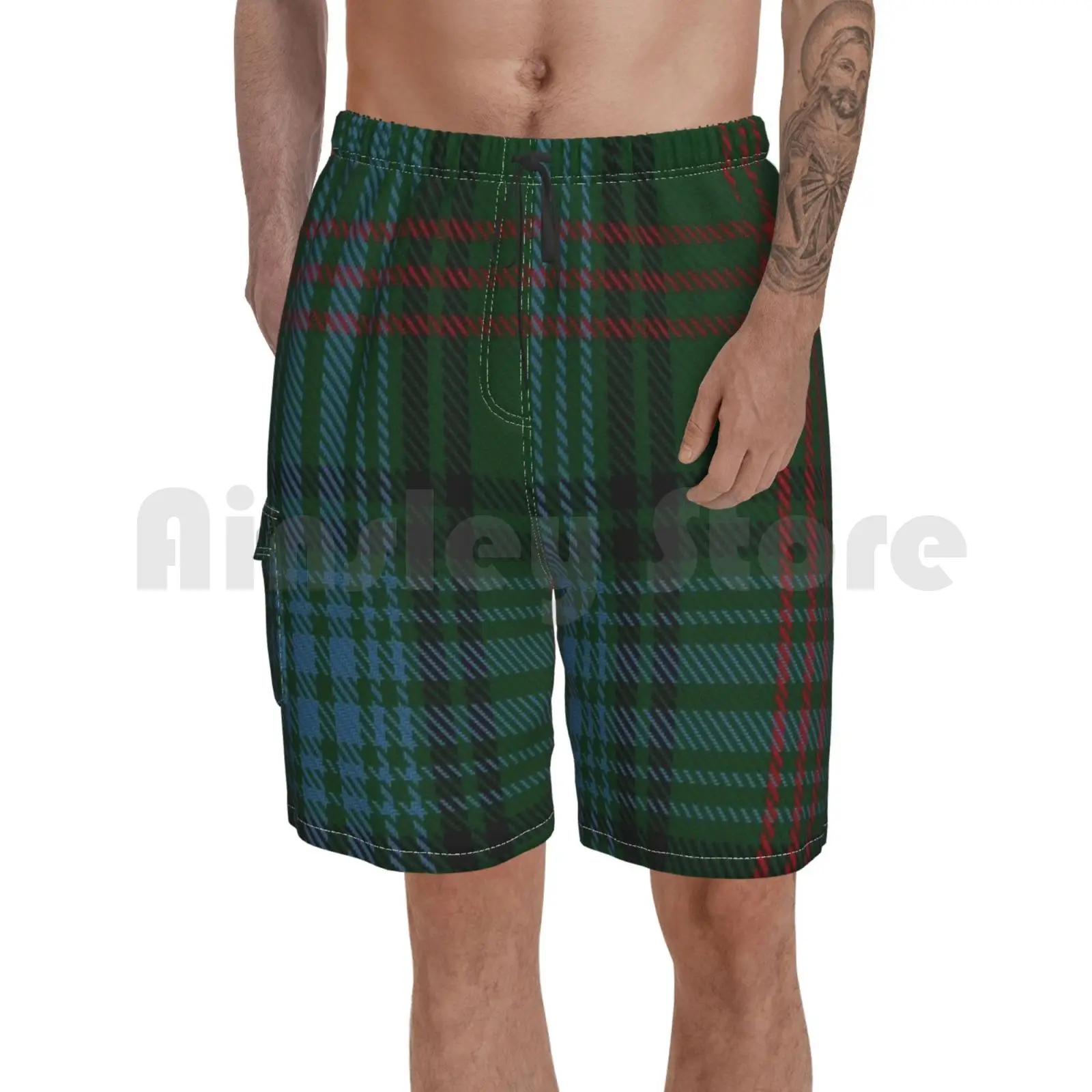 

Ross Hunting Clan / Family Tartan Beach Shorts Men Beach Pants Swimwear Total Tartan Blue Green Brown White Black