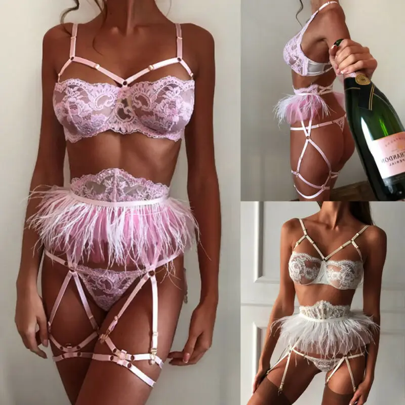 3 шт. кружевное белье с перьями женское сексуальное платье подвязки стринги