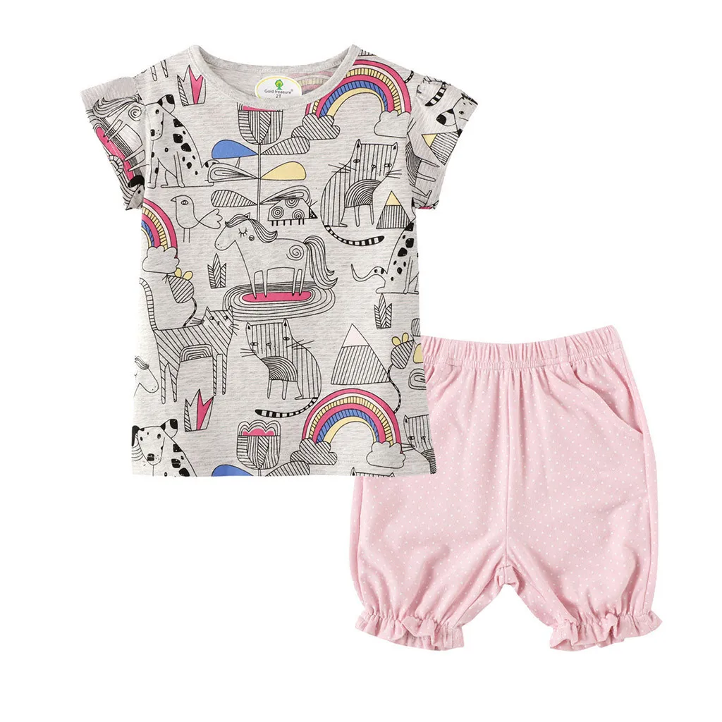 Children Fashion Clothes Set Girl Pony Cartoon Rainbow T-shirt Top Shorts Casual Sports | Детская одежда и обувь