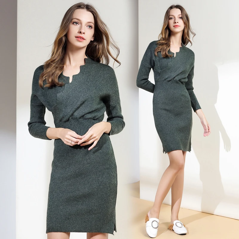 

Spring New Euro Style Ladies Urban Knitted Tunic V-neck Stretch Empire Knee-length Midi Dress Female Fashion Noble Brief Dress