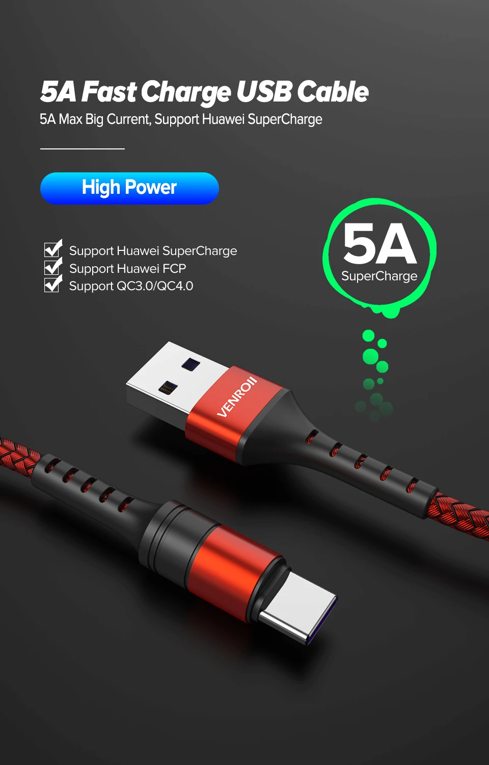 Venroii 5A usb type-C кабель для huawei mate 20 Pro P20 Lite Supercharge USBC кабель для быстрой зарядки type-C кабель для huawei P30 Pro