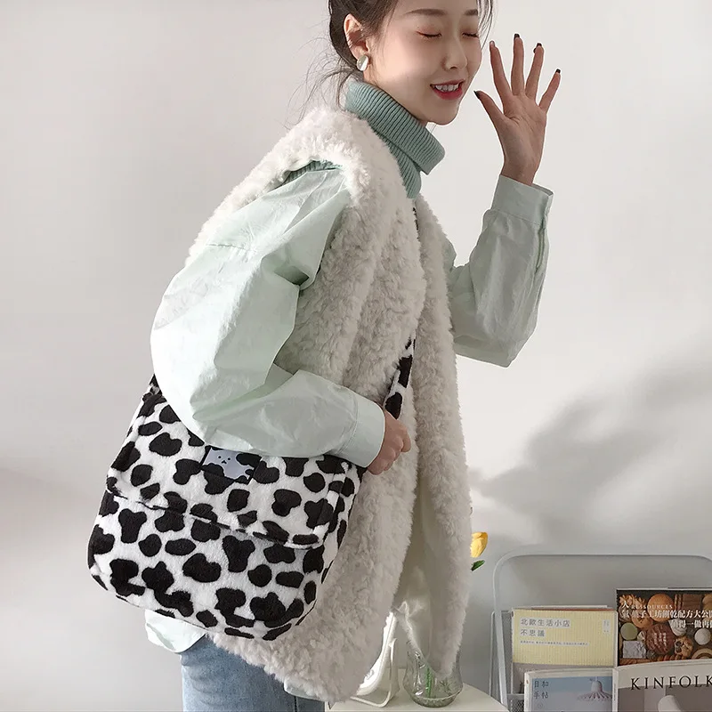 

Soft Plush Cow Pattern Women Shoulder Messenger Bags Student Girls Cute Purse Handbags Fashion Ladies Crossbody Bag Small Tote