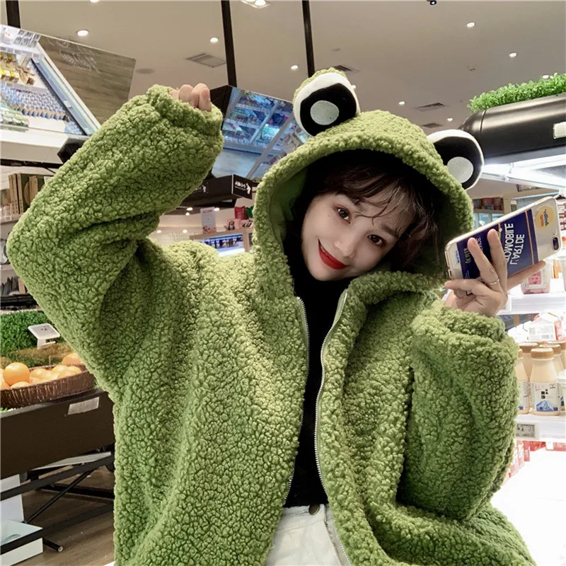 

Coat Outwear Korean Hooded Soft Teens Street Jacket Winter Zipper Plush Comfort Top Winter Thicker Chic Cute