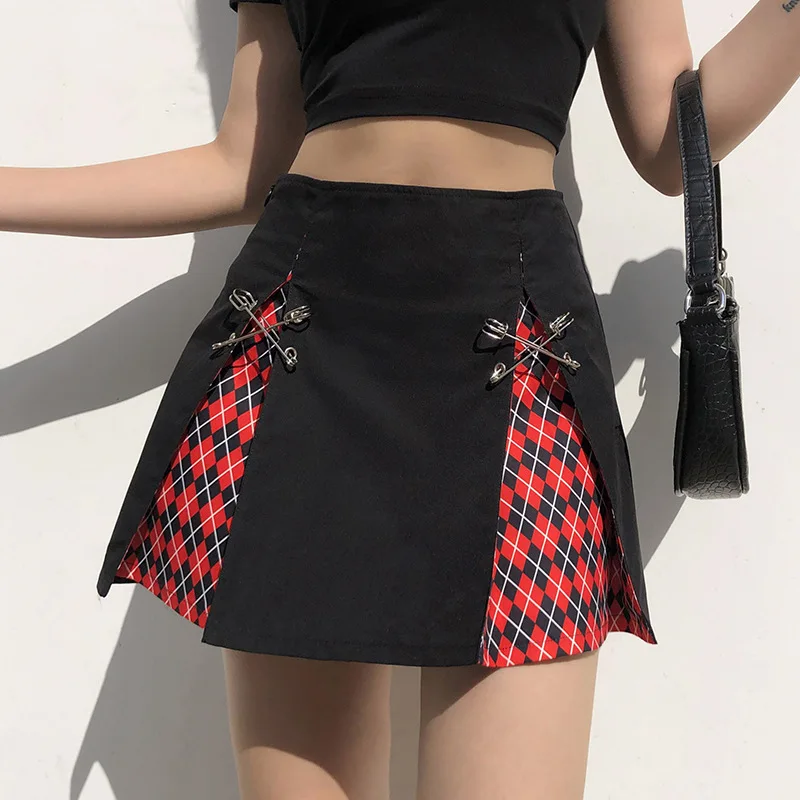 

E-Girl Skirt Y2k skirt black Patchwork Kawaii Emo Clothes Mall Goth Plaid Mini Skirts Women Black Punk Dark Academia Aesthetic