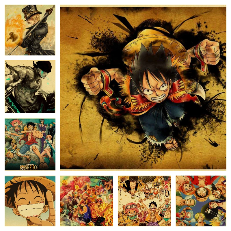 

Canvas Painting Wall Art Japanese New One Piece Vintage Poster Luffy Anime Cartoon Kraft Paper Painting Home Boys Gifts Decor