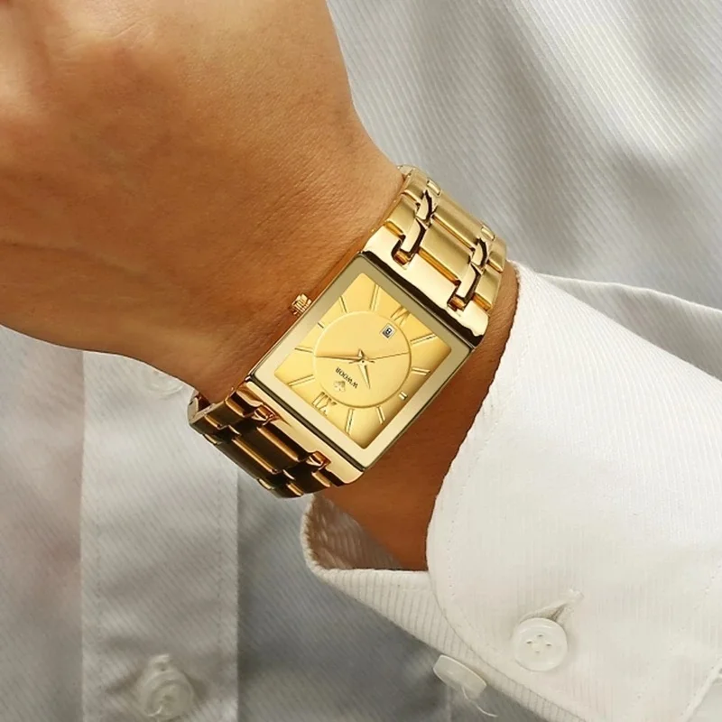 

Часы наручные мужские с квадратным циферблатом, брендовые роскошные золотистые Кварцевые водонепроницаемые из нержавеющей стали