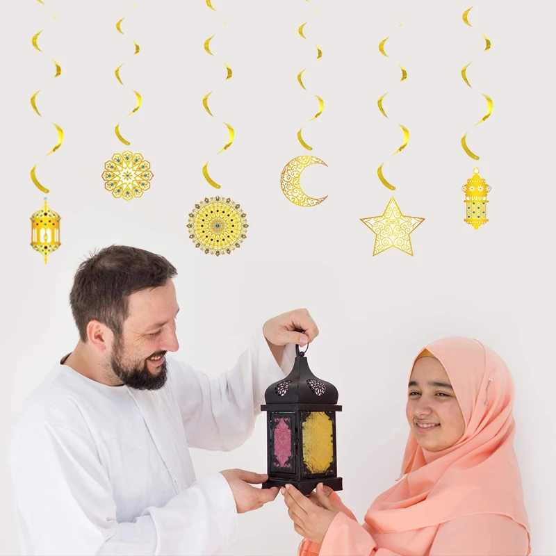 

6 шт. ИД Мубарак спиральный баннер исламский мусульманский Золотой крутящийся ИД подвеска флажки хадж Мубарак Праздник Вечеринка Рамадан у...